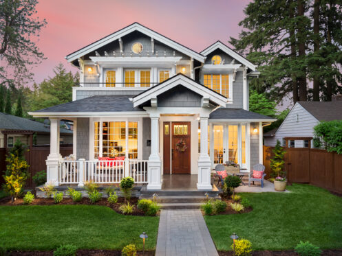 Inviting lighting inside and outside a St. Louis home